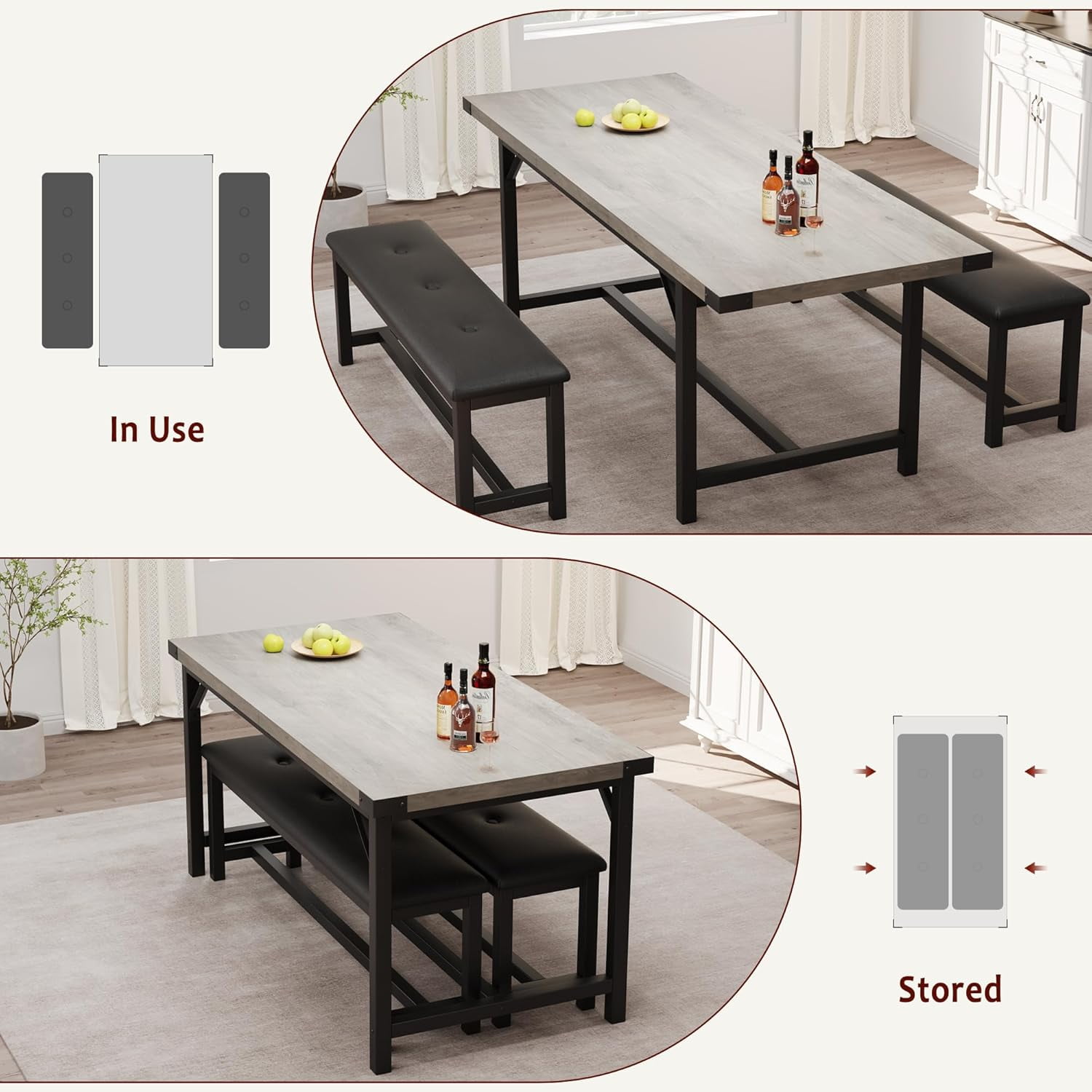 Extendable Dining Table for 4-6 Person,Wooden Dining Room Table,Modern 63" Extendable Table with 2 Upholstered Benches for Gatherings,Meeting for Small Kitchens Dining Office Areas