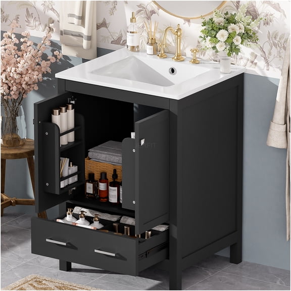 JERFIT 24 inch Bathroom Vanity with Sink, Black Freestanding Storage Cabinet with 2 Doors, 1 Drawer, Soft Close Hinges for Powder Room, Guest Bath
