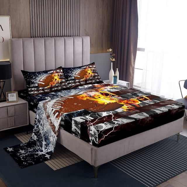 Erosebridal Teens Rugby Sheet Set Full, Ball Sports Lover Bedding Sets Full Size, Camo US Flag Decor 4 Pieces