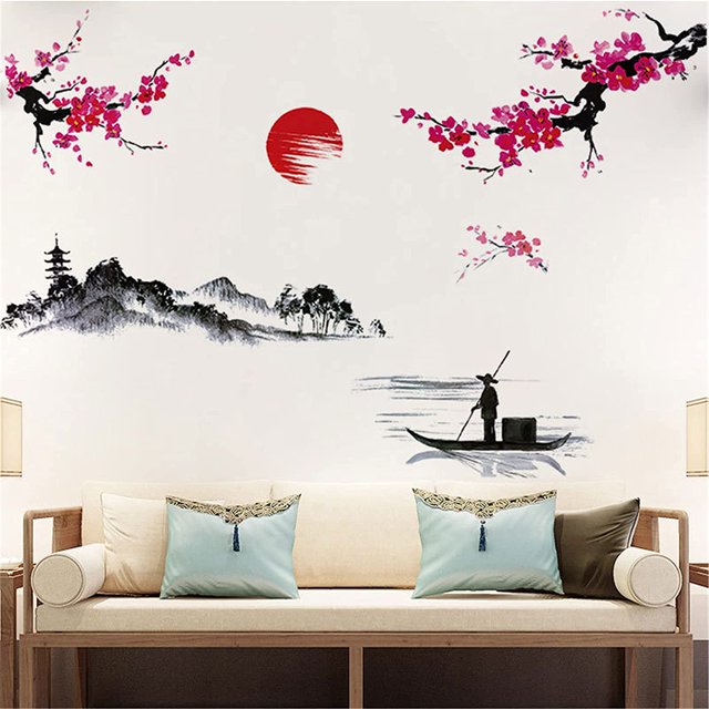 2 hojas de estilo japonés Splash tinta paisaje pintura pared pegatina flor de cerezo rojo calcomanías de pared extraíble Peel and Stick montaña río pescador mural JAMW Sencillez