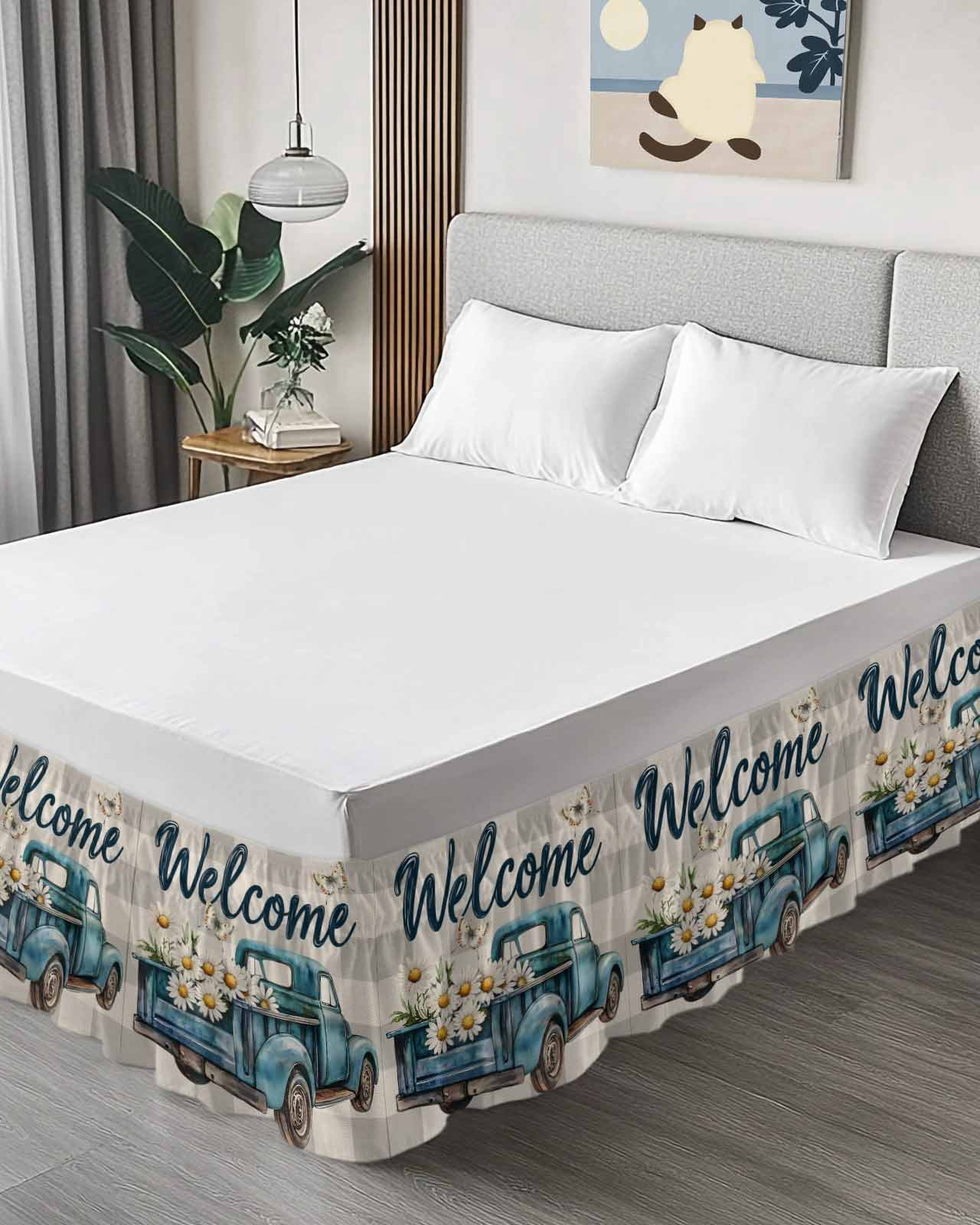 Daisy Butterfly Wrap Around Bed Skirts for Queen Bed 16" Drop,Bed Skirt with Adjustable Elastic Belt Dust Ruffle Bed Valance for Bedroom Hotel Blue Floral Truck Pastoral Grey Check Bed Frame Cover