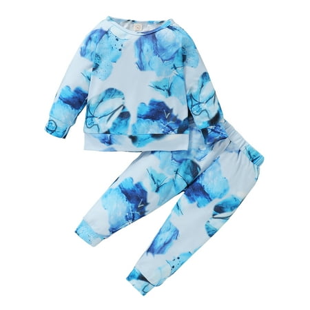 

Newborn Baby Outfits Toddler Baby Girl Clothes 6-9 Months Fashionable Outfits Blue Floral Printed Crew Neckline Long Sleeve Sweater Pants Set Two-Piece Set Size 3-24M