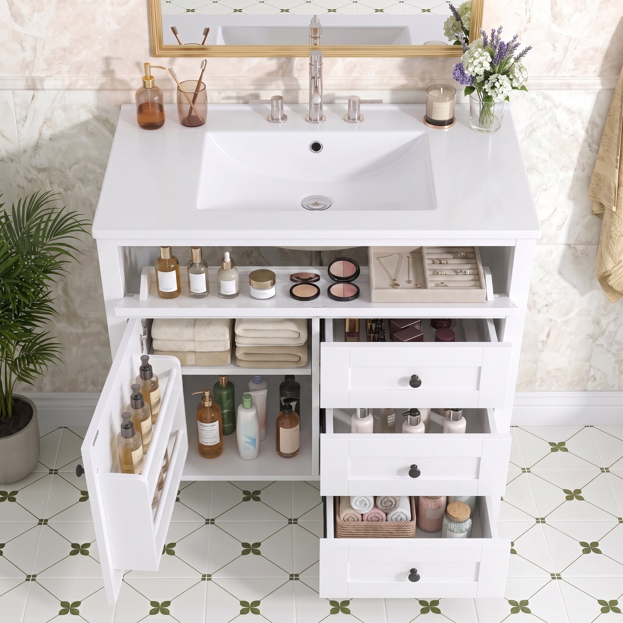 Anpport 36" Freestanding Bathroom Vanity with Sink, Modern MDF & Rubberwood Cabinet, 3 Drawers, Adjustable Shelf & Left‑Side Door, White