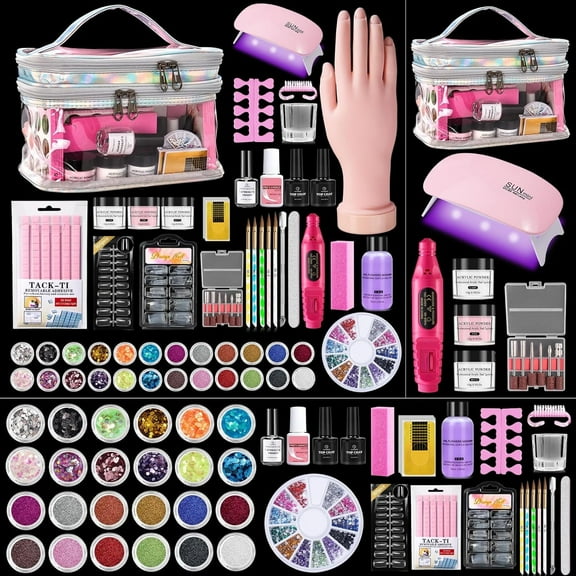 Complete Acrylic Nail Kit for Beginners - 6PCS Powder & Liquid Set with UV Lamp   Practice Hand for Perfecting Techniques | Professional Manicure Starter Set in Pink Organizer Bag for Home Salon