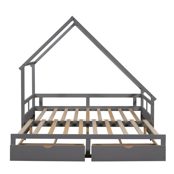 Two Drawers Expandable House Bed, Expandable Wooden Bed Frame