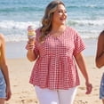 thumbnail image 2 of Agnes Orinda Women's Plus Size Gingham Tops Plaid Peplum Button Decor V Neck Short Sleeve Casual Babydoll Blouse 3X Red, 2 of 7
