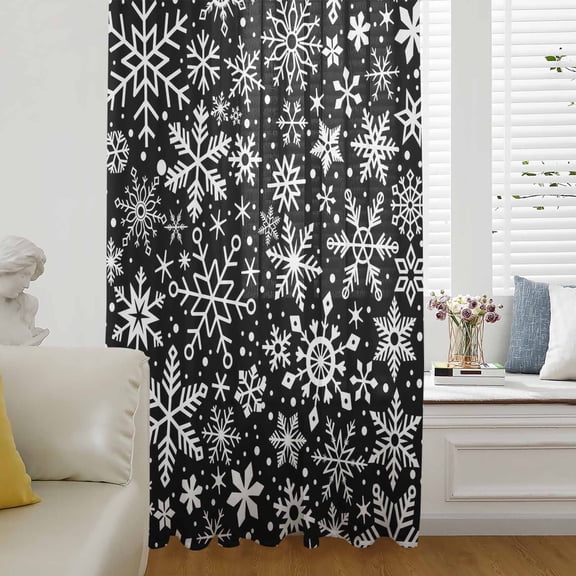 Snowflake Black Semi Sheer Curtains Drapes for Living Room,Bedroom,French Doors Window 45 Inches Long,Christmas Winter Snowfall Xmas Holiday Rod Pocket Chiffon Curtain Drapery Voile Draperies Panel