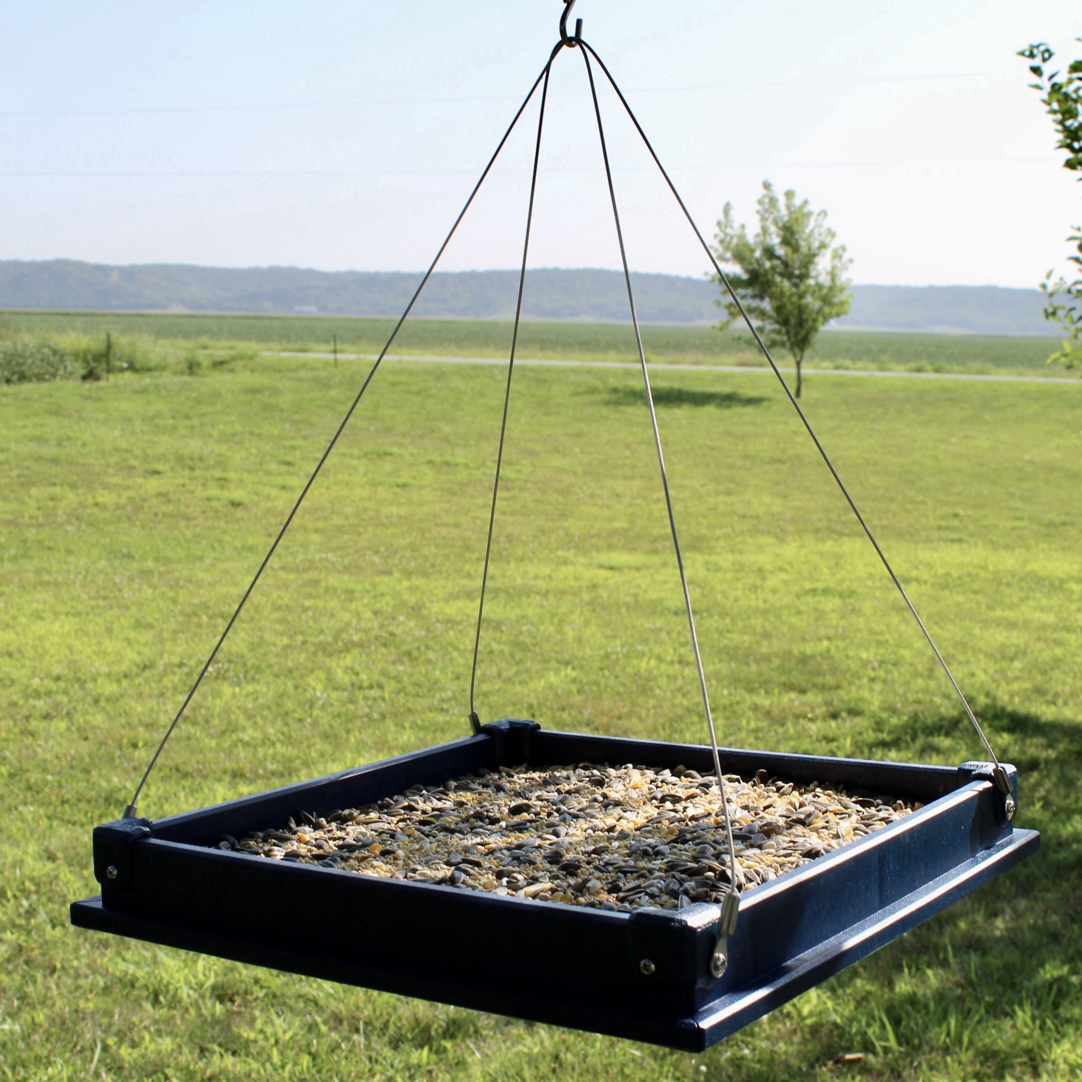 Backyard Essentials Platform Bird Feeder Large Hanging Metal Mesh Feeder, 10 Cup Capacity Blue