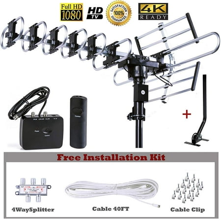 Five Star Outdoor HD TV Antenna Strongest Up to 200 Miles Long Range with Motorized 360 Degree Rotation, UHF/VHF/FM Radio Infrared Remote Control with Installation Kit and