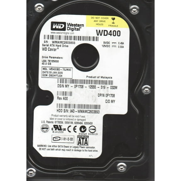 WD400BD-75JMA0, DCM DSCHYTJCH, Western Digital 40GB SATA 3.5 Hard Drive