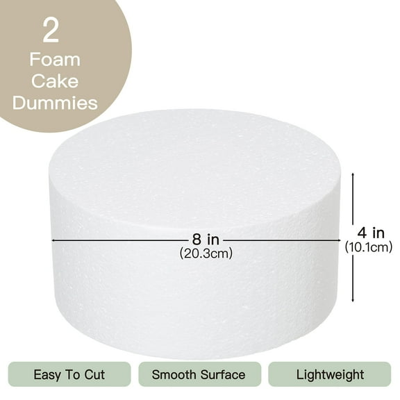 Crafare 8x4Inch Foam Dummy Round Cake for Crafts 2pcs Round Cake Dummy Discs for Cake DIY Projects Wedding Holiday Christmas Crafts Making and School Modeling