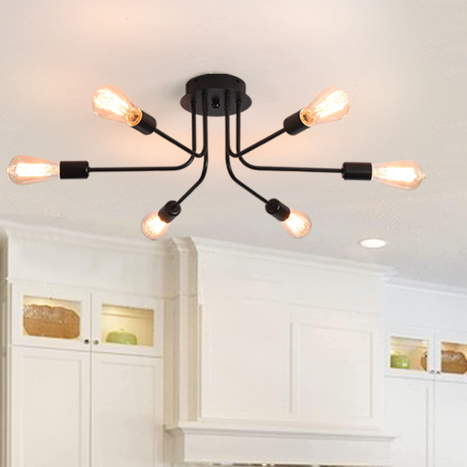 Garwarm Modern Sputnik Ceiling Light, 6 Lights Rustic Black Semi Flush