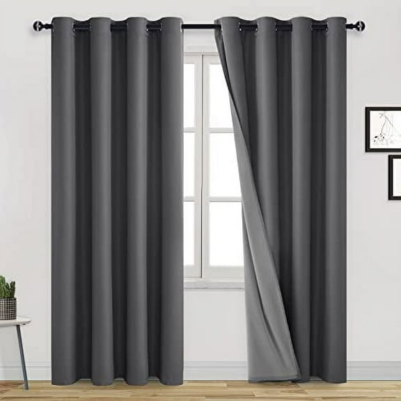 DWCN 100% Dark Grey Blackout Curtains & Drapes 84 Inch Long 2 Panels for Bedroom Noise Reducing Curtain with Black Liner Thermal Insulated for Living Room/ Bedroom/ Kitchen (Dark Grey,52"W x 84"L)