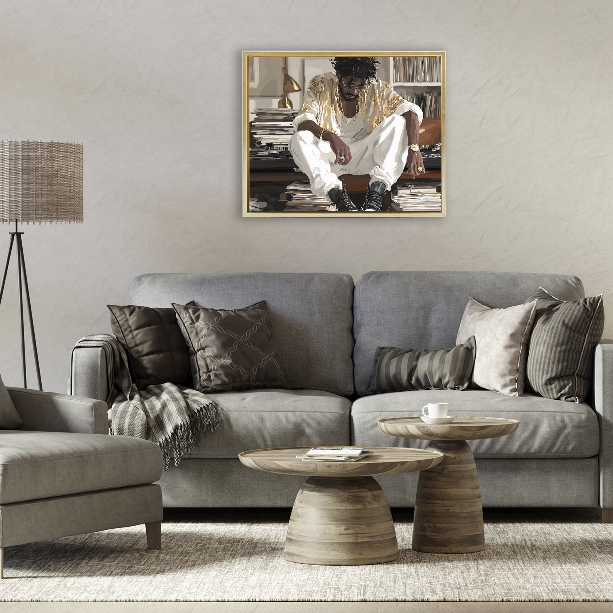 Stupell Industries DJ with Record Collection Gold Framed Floater Canvas Wall Art, design by Franklyn Gregory