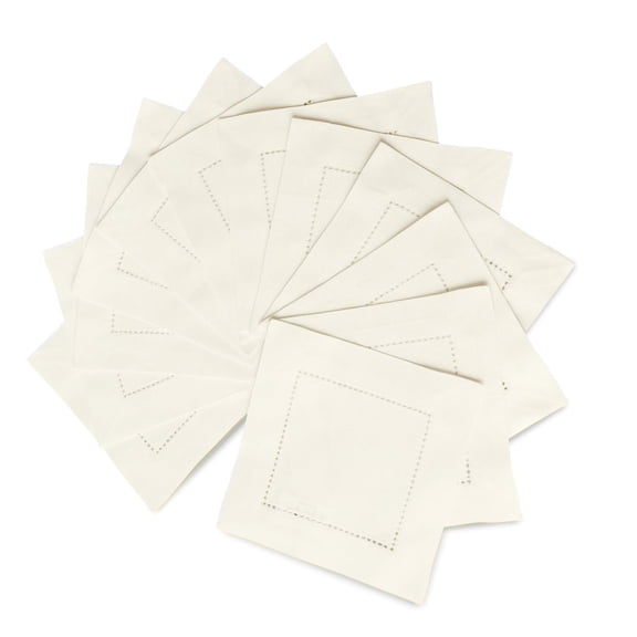 Solino Home Ivory Cocktail Napkins Set of 12 - Cotton Linen 6 x 6 Inch Hemstitch Cloth Cocktail Napkins for Winter, Spring, Easter