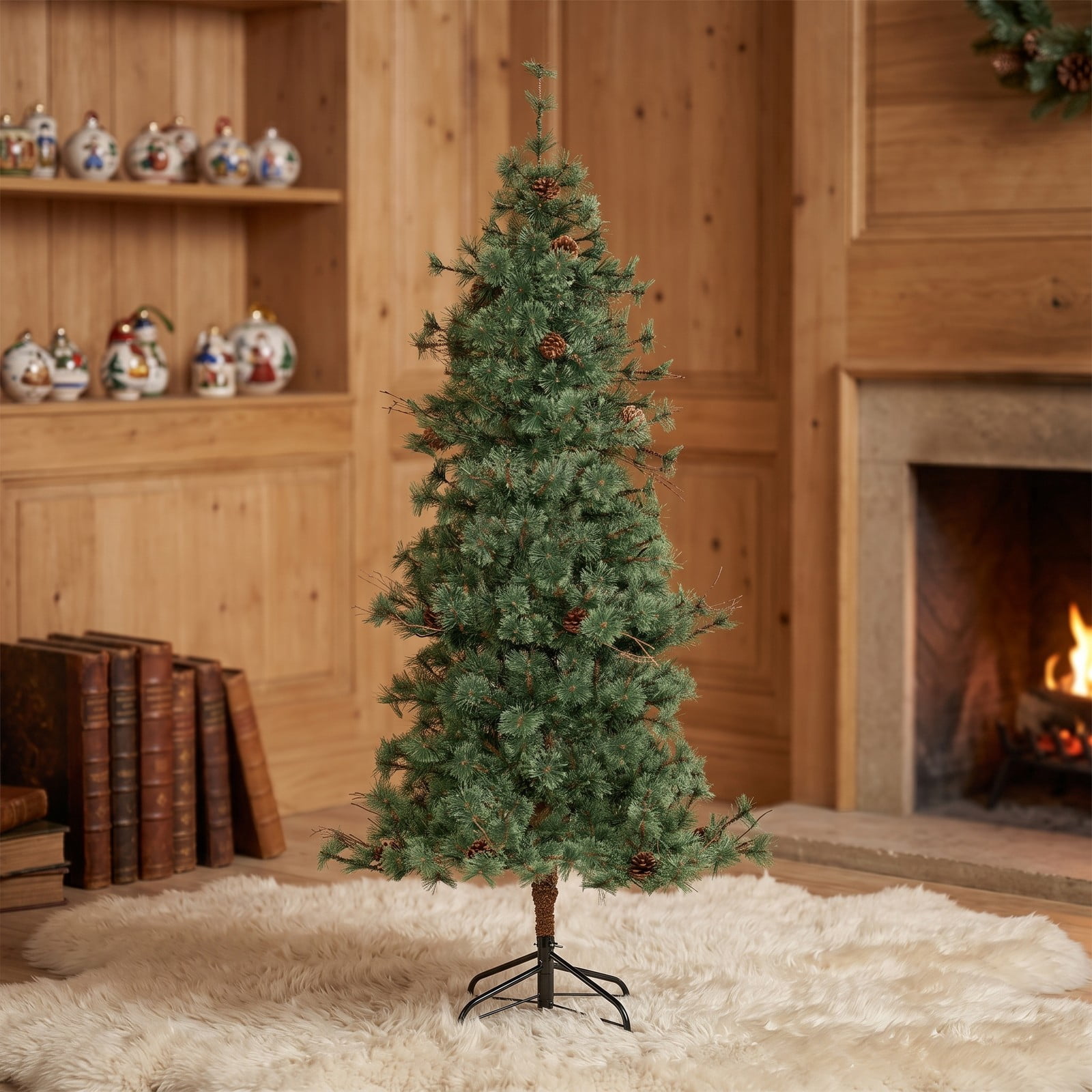 RUIE 6 Feet Pre-Lit Artificial Christmas Tree, Hinged Xmas Pine Tree with 200 Warm White LED Lights and 22 Pine Cones for Holiday Indoor Decor, Green