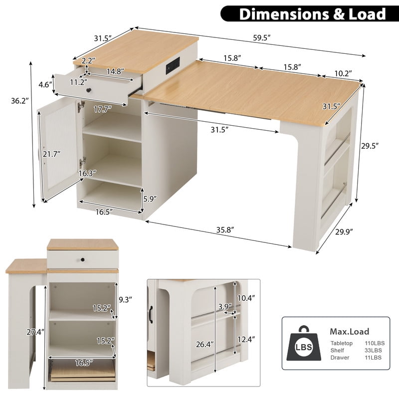 Bellemave 60" Kitchen Island with Extendable Dining Table and Power Outlet, Mobile Kitchen Storage Islands with 2 Storage Drawers, Rolling Islands Cart with Extra Rows Open Shelves（White)