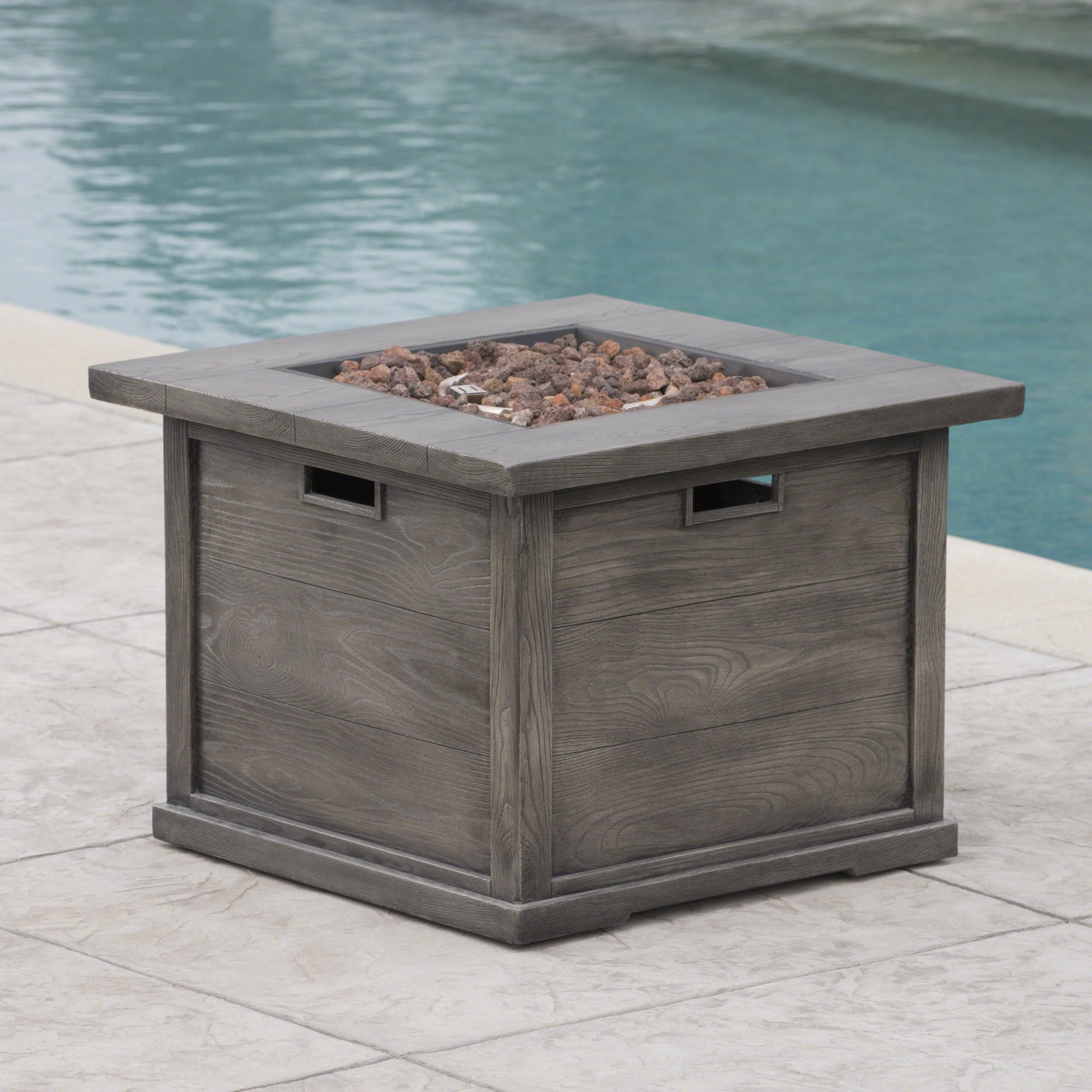 Colby Outdoor Wood Patterned Square Gas Fire Pit, Grey