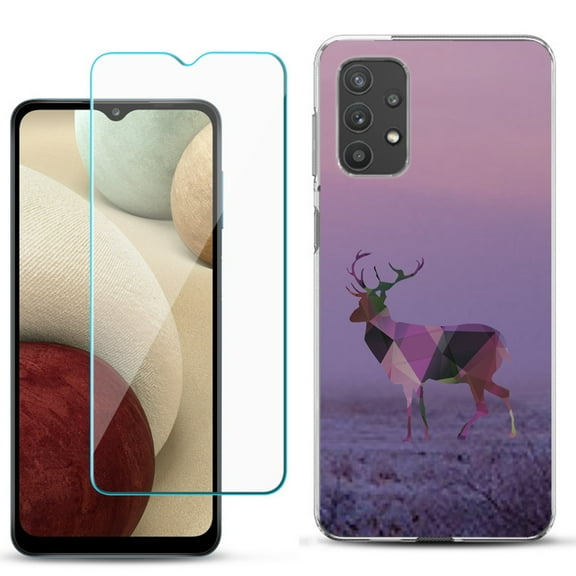 Slim-Fit TPU Phone Case compatible with Samsung Galaxy A32 5G, with Tempered Glass Screen Protector, by OneToughShield ® - Deer/Polygon