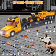 1:16 RC Semi Flatbed Truck with Dump & Bulldozer Truck Toys, 2.4G Remote Control Engineering Tractor with with LED Lights & Music, Construction Vehicles Toy for Boys