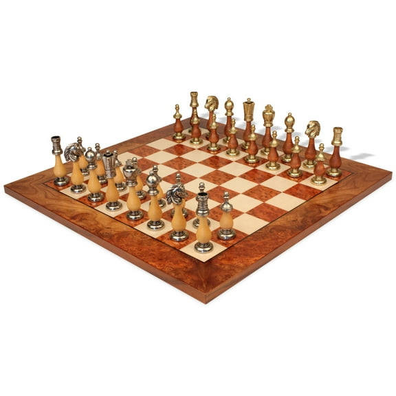 Large Italian Arabesque Staunton Metal & Wood Chess Set with Elm Burl Chess Board