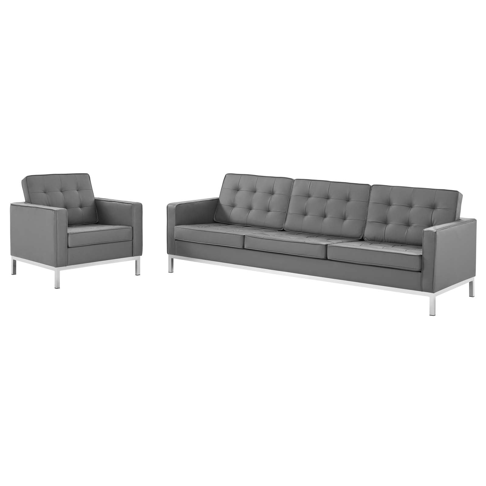 Tufted Armchair and Sofa Set, Faux Leather, Silver Grey Gray, Modern