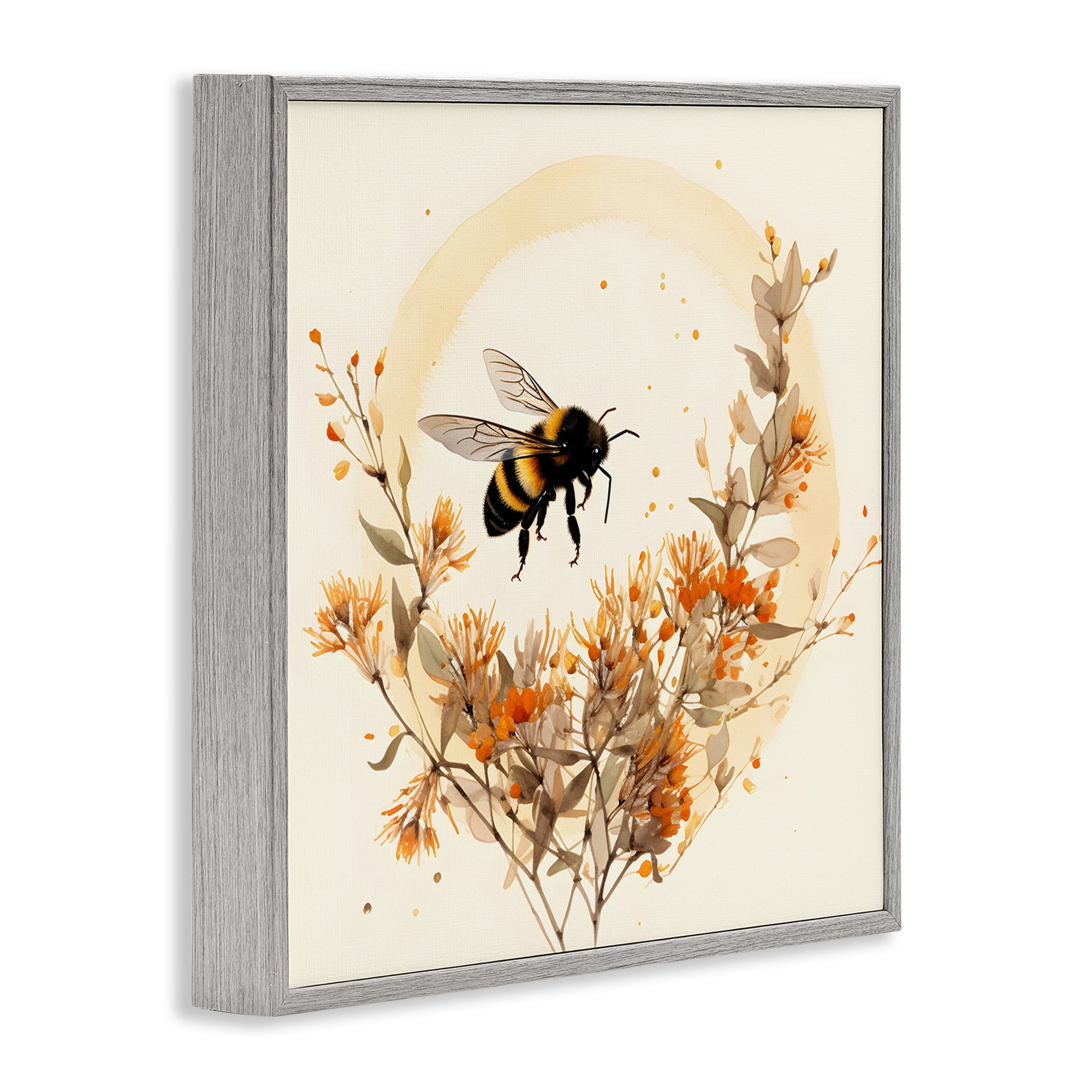 Stupell Industries Bee Florals View Animals & Insects Painting Gray Framed Art Print Wall Art, 12 x 12