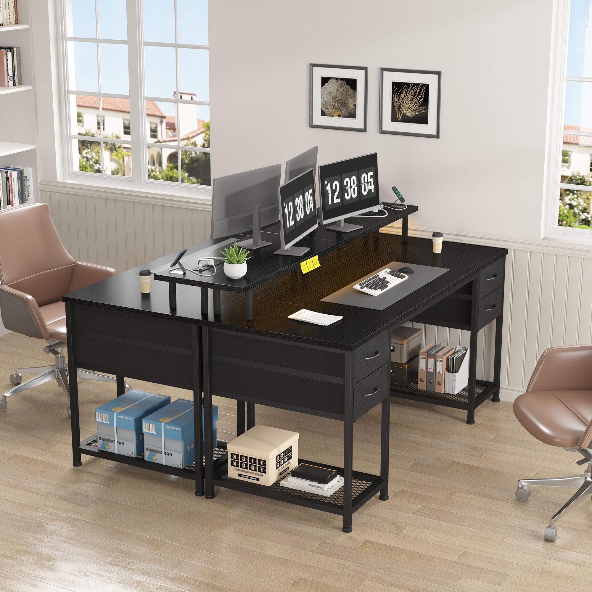 EnHomee Office Desk with 4 Fabric Drawers Gaming Desk with LED Light & Power Outlets Computer desk for Bedroom,Black