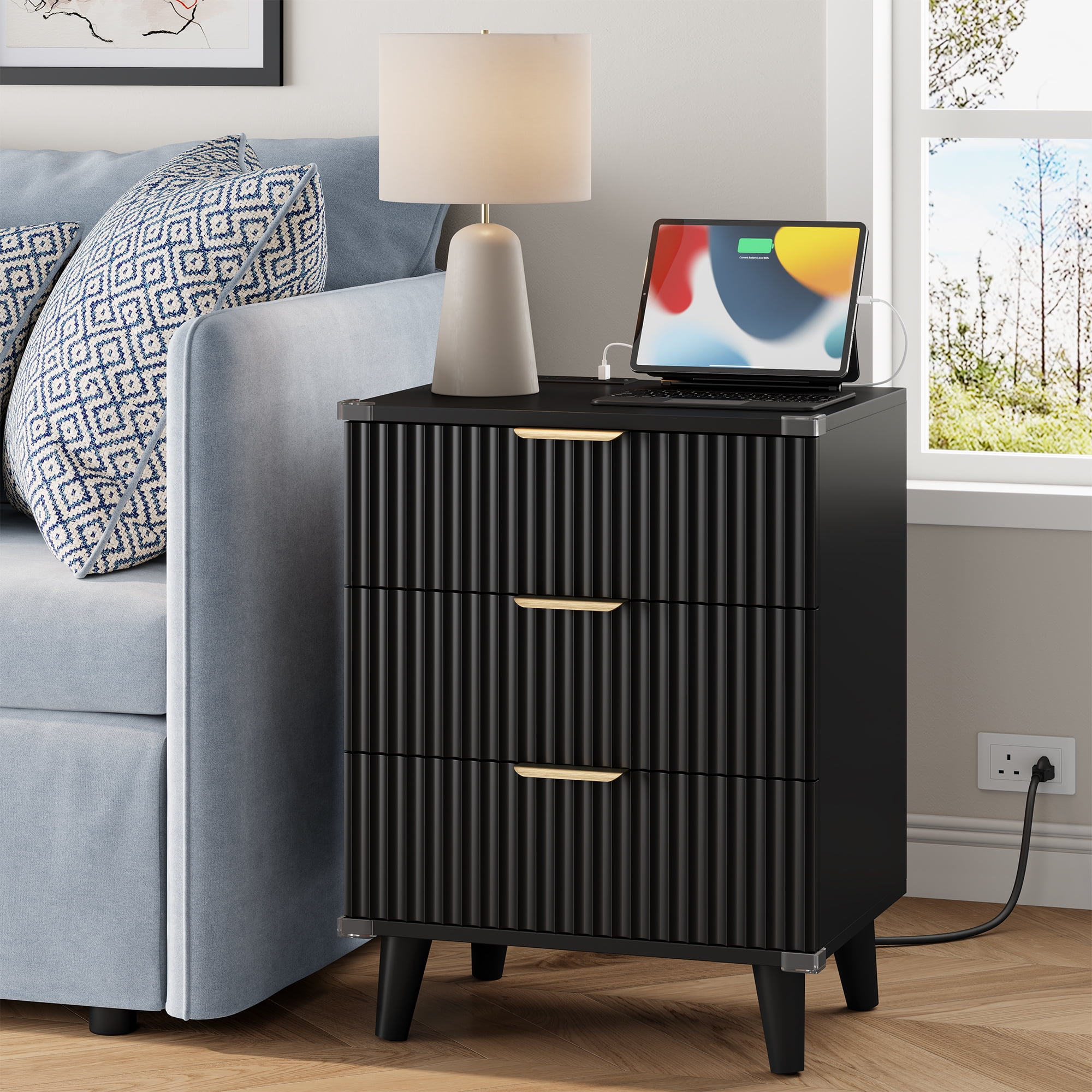 GIKPAL Night Stands for Bedroom, Modern Bedside Table with 3 Drawers & Charging Station,Fluted Panel End Tables for Bedroom  & Living Room, Black