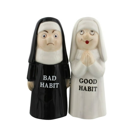 Religious Gifts Good Habit Bad Habit Nuns Ceramic Magnetic Salt and Pepper Shaker Set