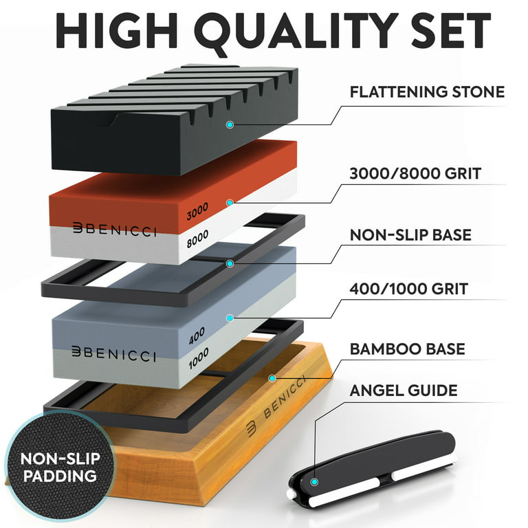Knife Sharpening Stone 12 Pcs Premium Whetstone Set, 400/1000,3000/8000 Dual Grit, 2 Flattening Stone, Leather Pad, Polishing Wax, Bamboo Base 