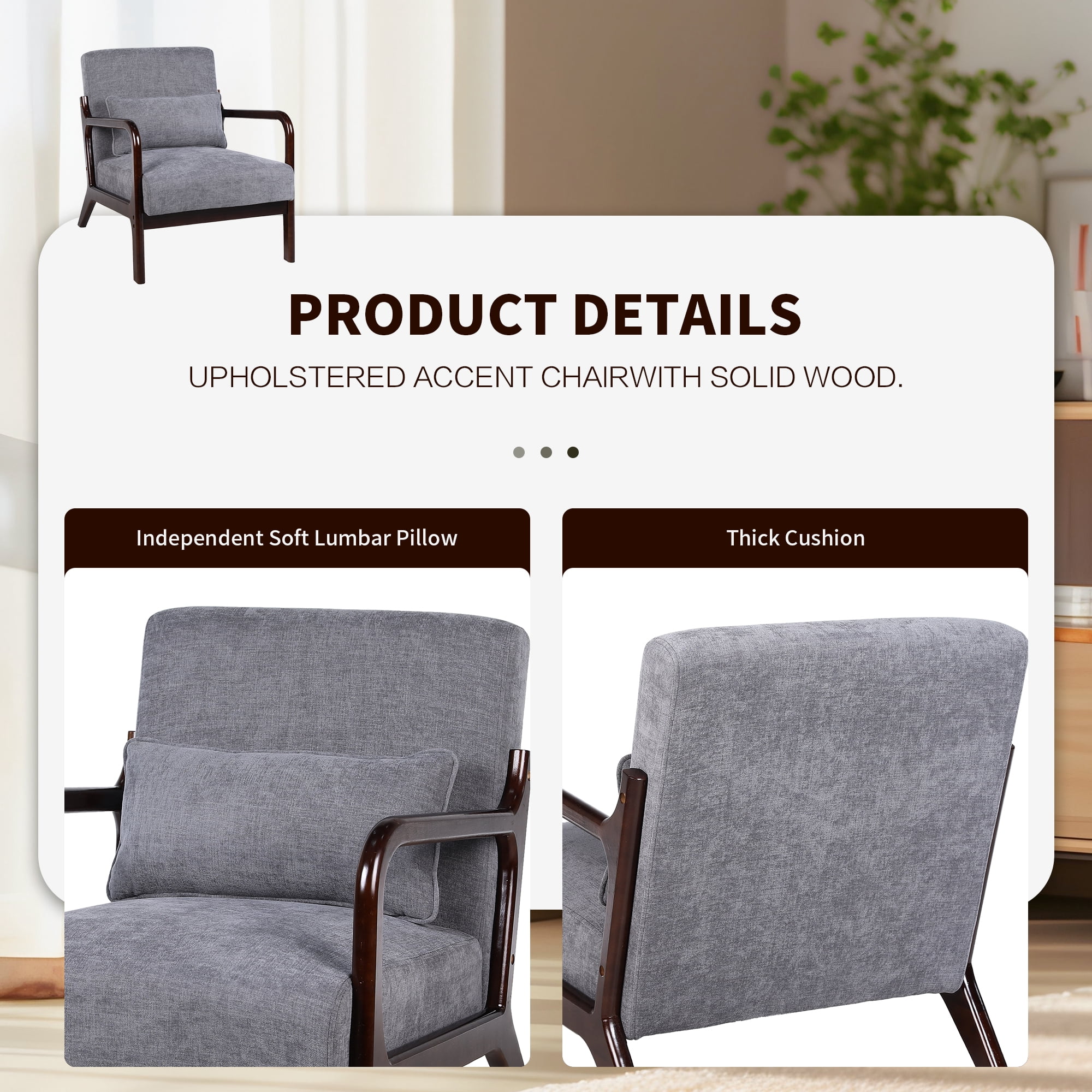 Mid Century Accent Chair with Solid Wood Frame, Upholstered Modern Reading Armchair with Lumbar Pillow, Comfy Lounge Chair for Living Room, Grey