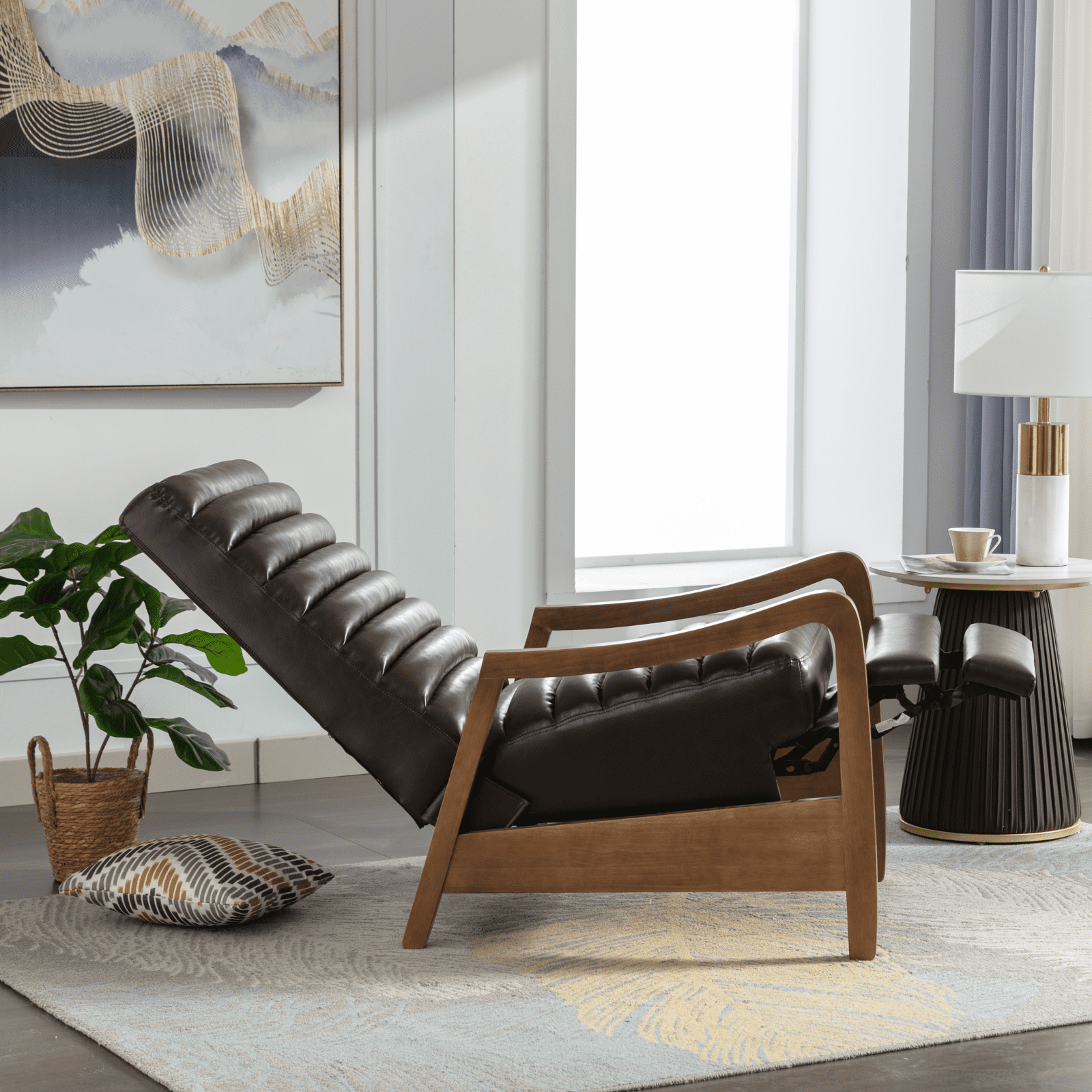 Bestier 26" Accent Chair, Luxurious Oil Wax Leather Recliner for Adults, Upholstered Push Back Reading Chair with Parawood Frame, Brown