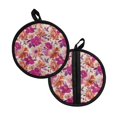 thumbnail image 2 of ZIATUBLES 2 Pieces Pot Holders Oven Mitts 2-in-1 Heat Resistant Hot Mats with Breathable Cotton-Like Liner Non-Slip Quilted Liner Trivets Kitchen 8 Inch Round Decor, Flower Painting, 2 of 7