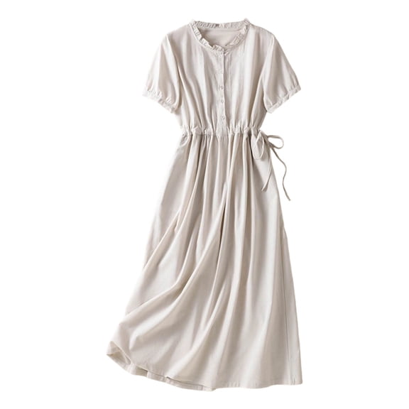 Dvprdro Womens Cotton Linen Crewneck Short Sleeve Shirred Ruffle Hem Lightweight A Line Midi Dress Casual Work