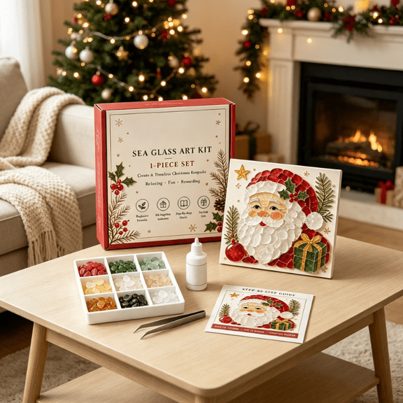 Christmas Sea Glass Art Kit DIY Mosaic Craft Set, Holiday Decor for Adults, Relaxing Art Project for Home, Christmas Gift Idea Christmas (Santa Claus)