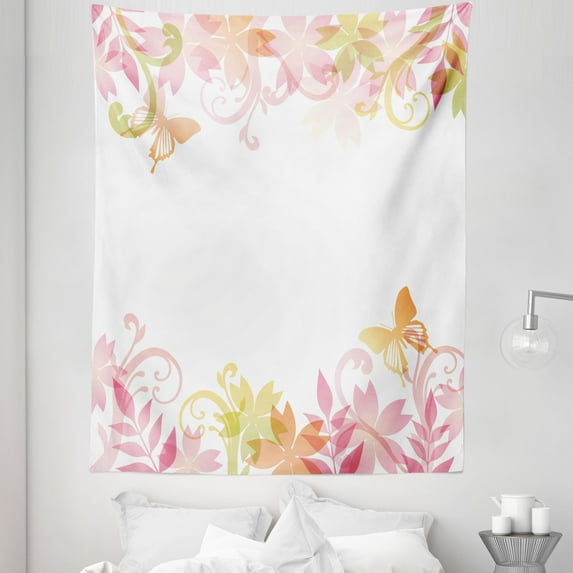 Pastel Tapestry, Floral Spring Wreath Soft Toned Flower Butterflies Leaves Pattern, Fabric Wall Hanging Decor for Bedroom Living Room Dorm, 5 Sizes, Pale Pink Ginger, by Ambesonne