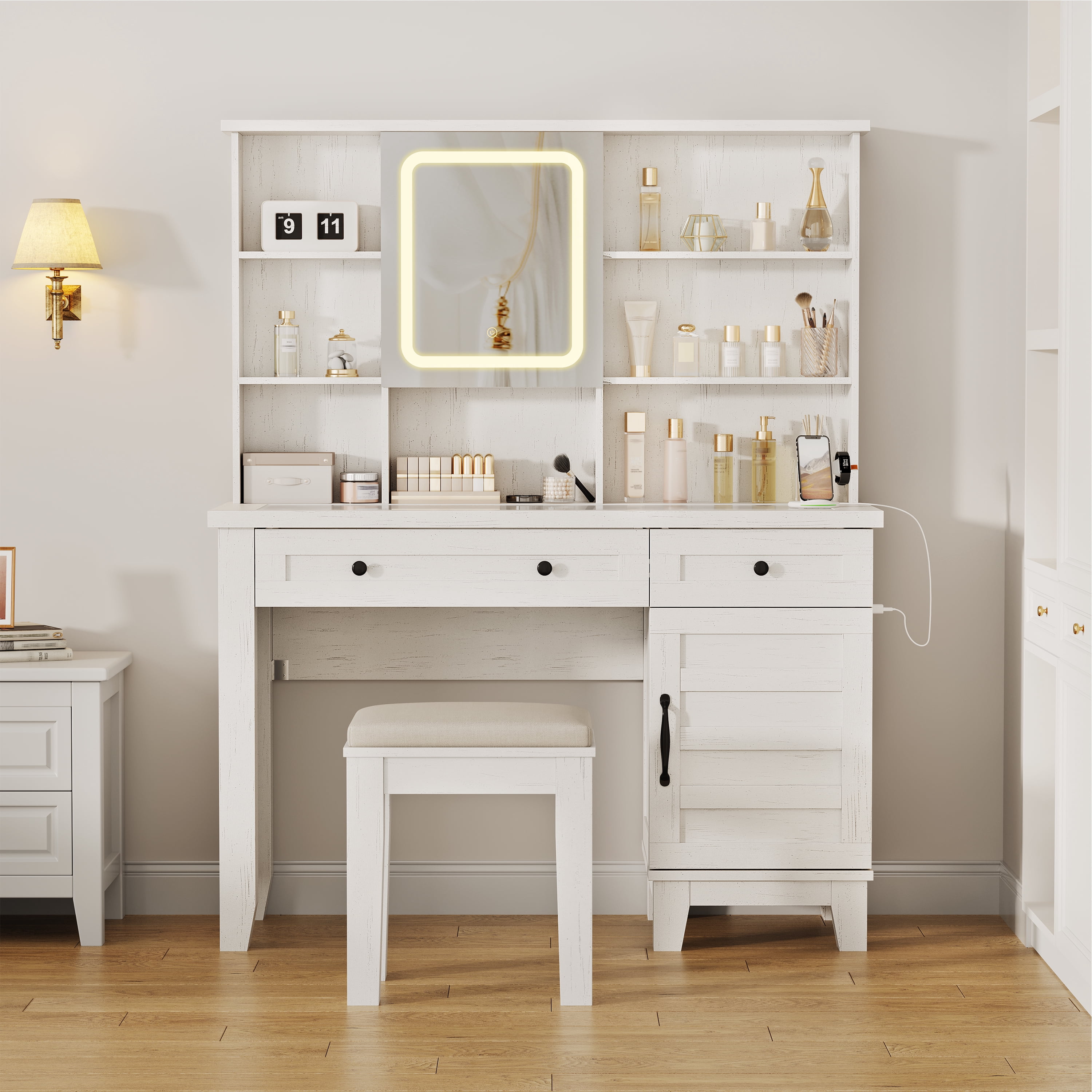 Modern White Makeup Vanity Desk with Lighted Mirror, Glass Tabletop, Charging Station, Drawers, Cabinet, Open Shelves, Upholstered Stool – Large Storage Dressing Table – White