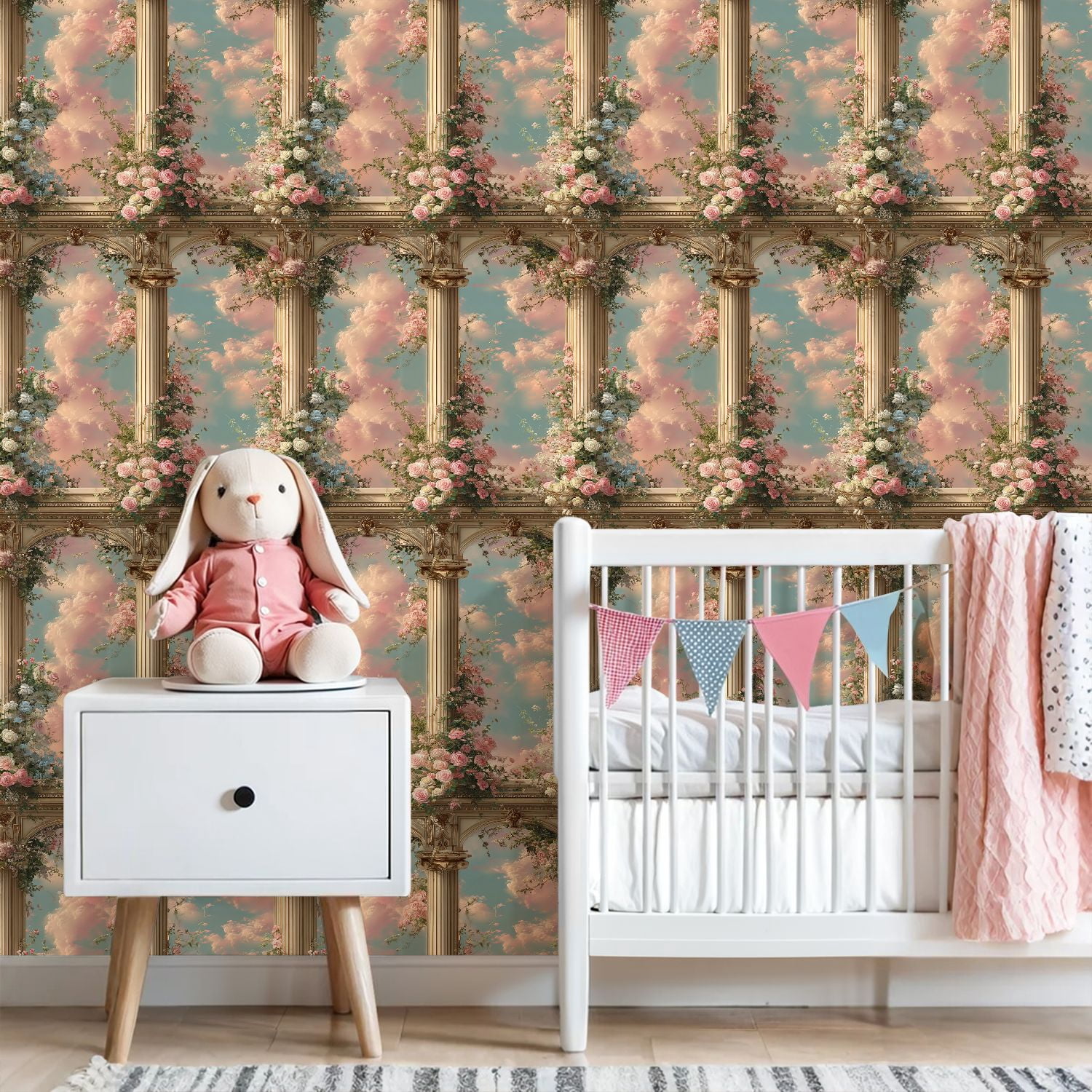 Peel and Stick Wallpaper Classical Columns Wrapped Roses Pastel Clouds Ornate Floral Wall Mural 23.6in x 9.8ft Self Adhesive Removable Wall Paper Renter Friendly Wallpaper for Bedroom
