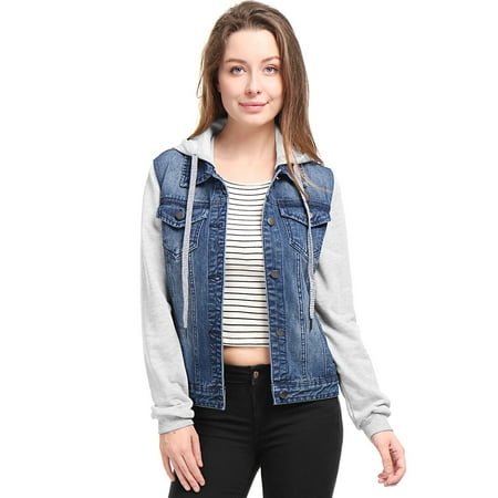 - Women's Layered Long Sleeves Hooded Denim Jacket w Pockets Coat Outerwear Dark Blue XL (US 18)