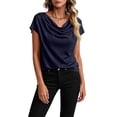 thumbnail image 2 of Fashion Cowl Neck Tops for Women Dressy Casual Short Sleeve Shirts Summer Clothes Outfits Navy M, 2 of 5