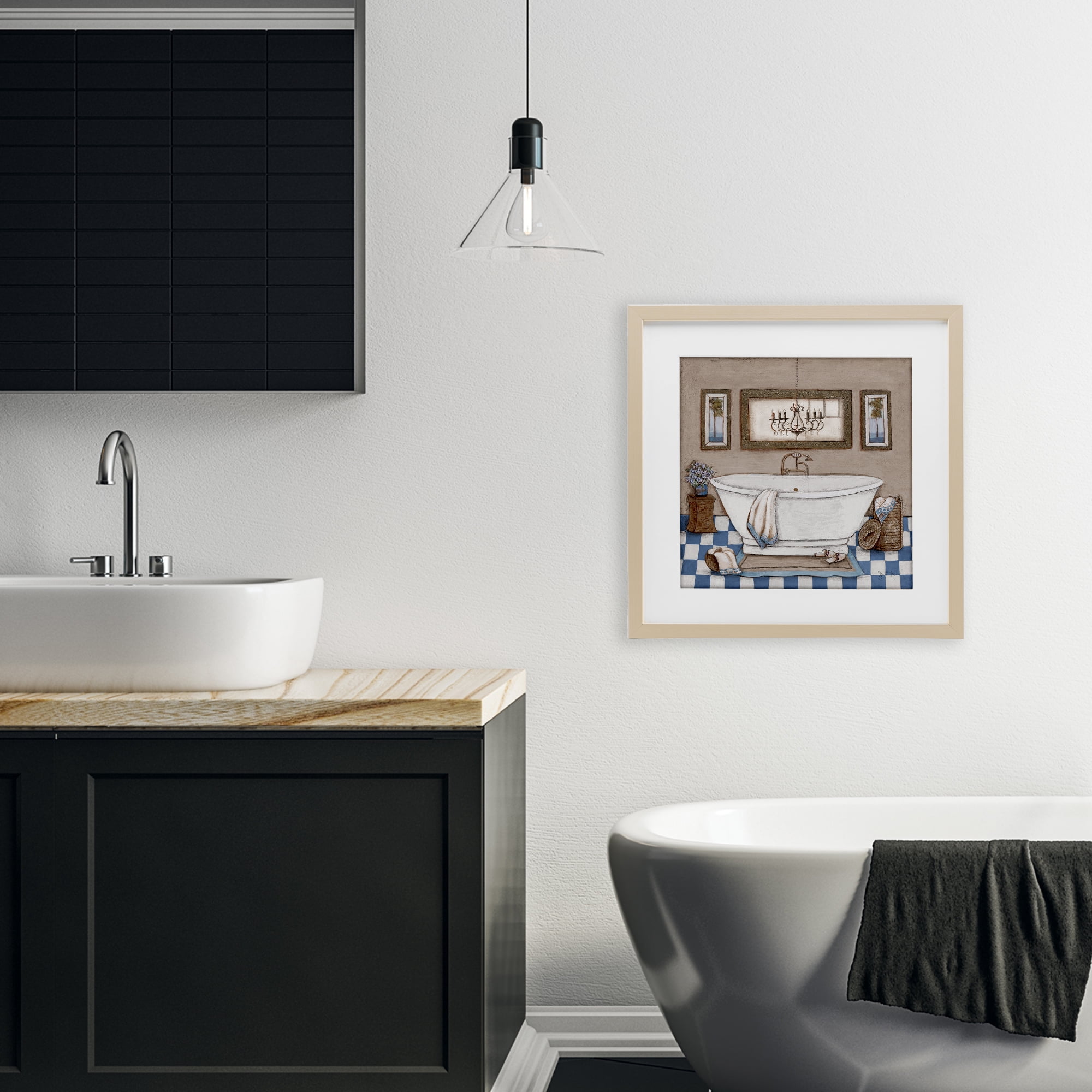Stupell Industries Checkered Bathroom & Chandelier Birch Framed Print Under Glass, design by Janet Tava