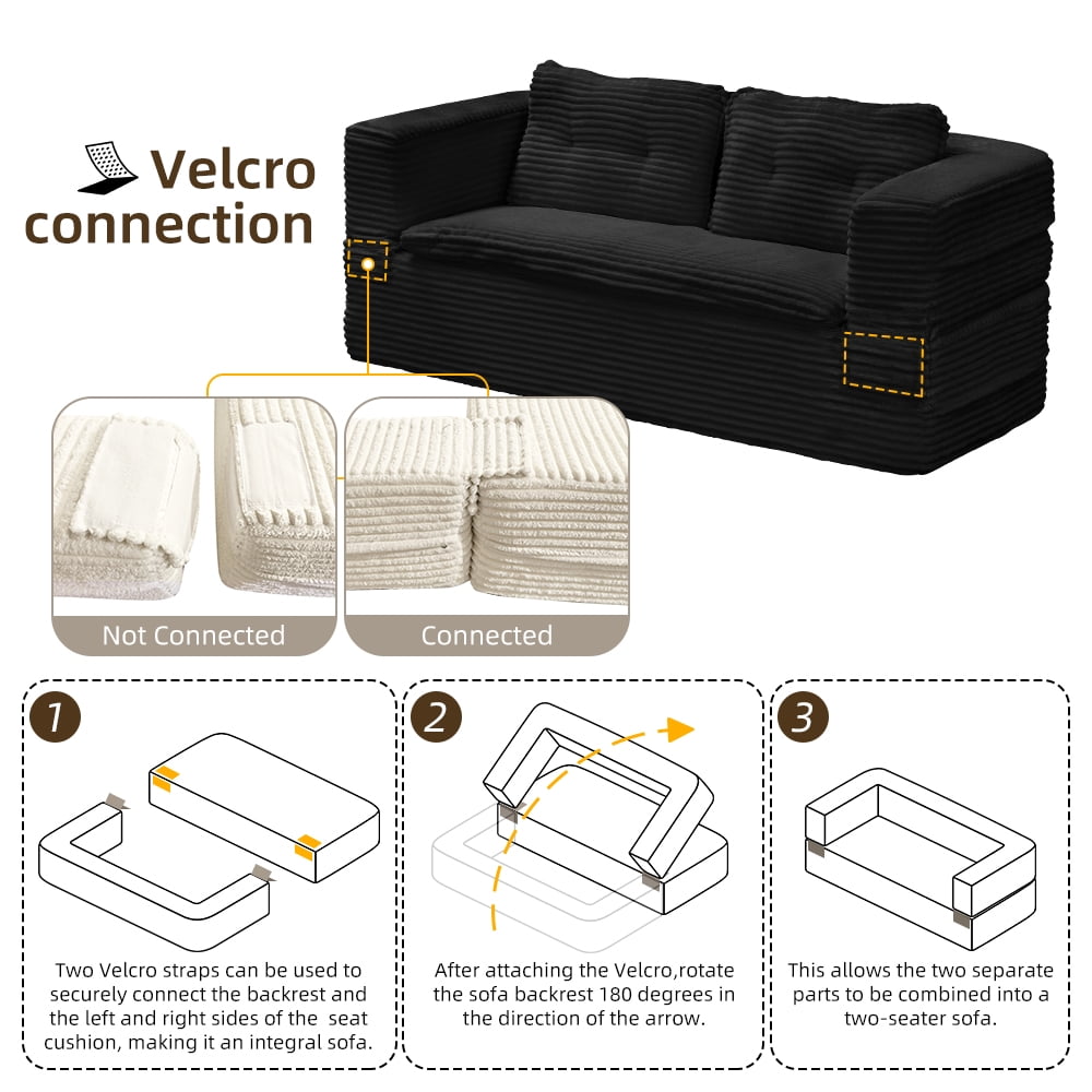 Anpport 80" King Size Convertible Sectional Sofa Bed, Plush Corduroy Deep Seat Couch with Chaise Lounge and Blanket, for Living Room Apartment, Black