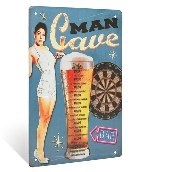Man Cave Rules Funny Retro Wall Decor Sign for Garage, Bar Patio Dorm Room Decor