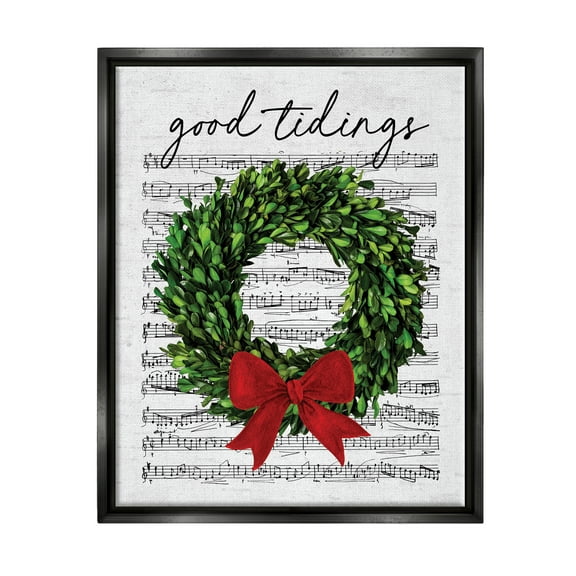 Stupell Industries Good Tidings Holiday Wreath Holiday Painting Black Floater Framed Canvas Art Print Wall Art, 17 x 21