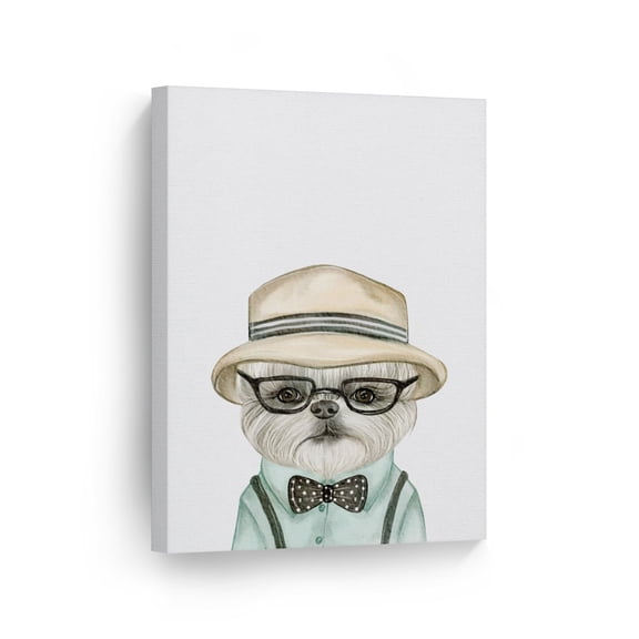 Smile Art Design Cute Dog with Bow Tie and Hat Watercolor Animal Canvas Wall Art Print Pet Owner Dog Lover Mom Dad Gift Office Living Room Bedroom Kids Baby Nursery Room Decor Ready to Hang - 28x19