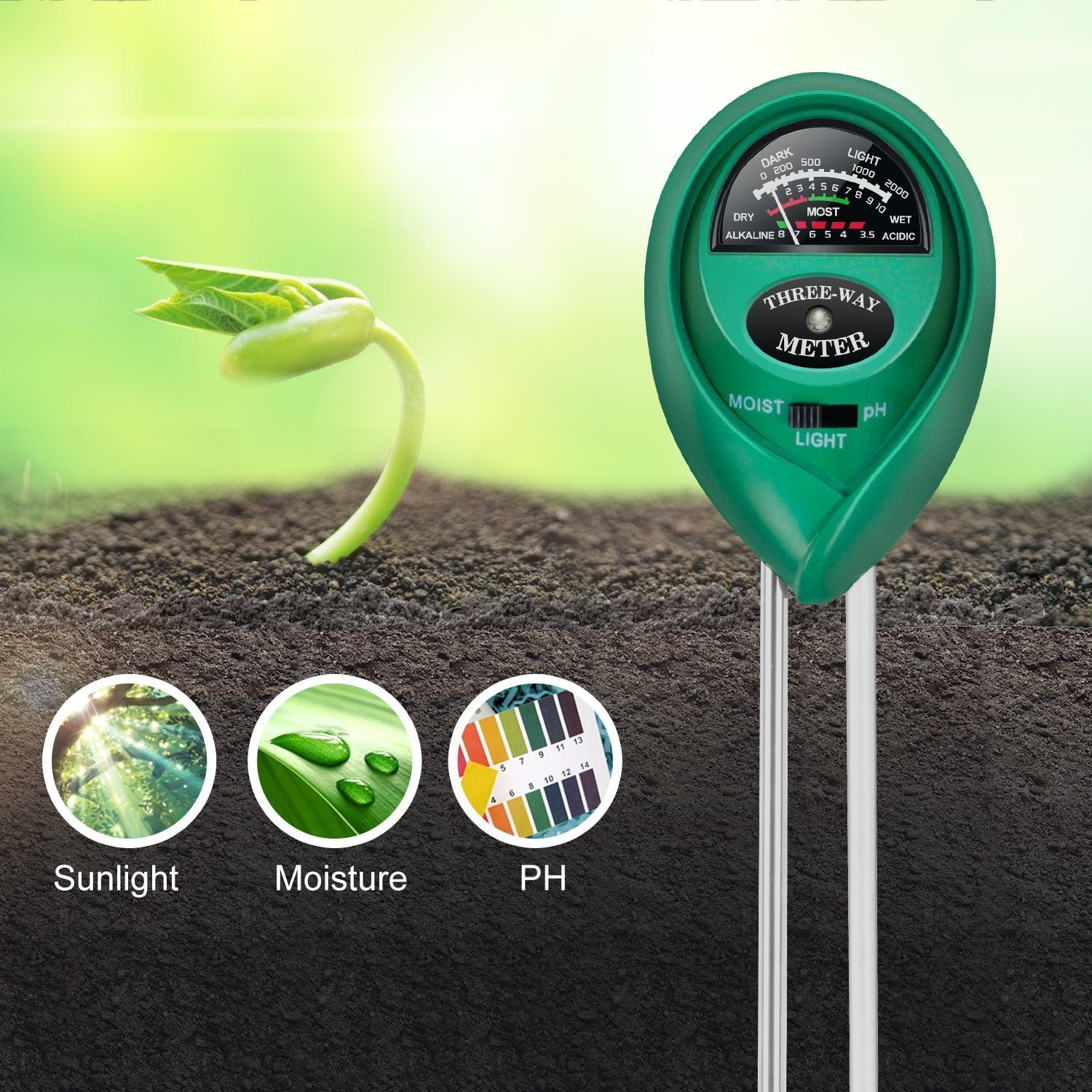 4x 3in1 Soil Tester Garden Lawn Plant Moisture Light PH Sensor Meter Test Tool 