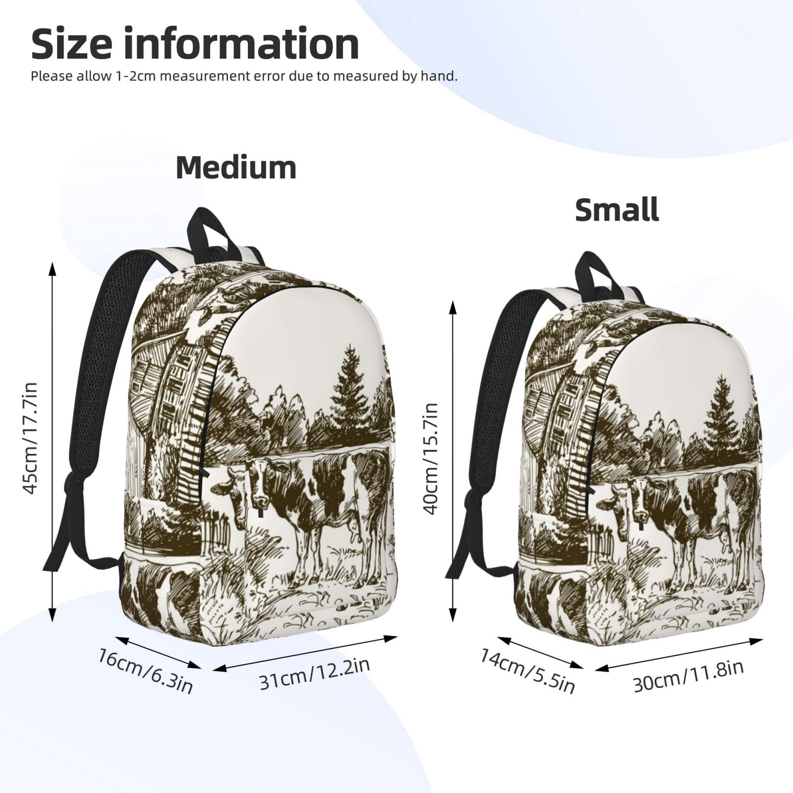 Picia Cows Grazing On The Meadow Printed Canvas Daypack - Stylish and Durable Vintage Compact Backpack - Class, Work, Travel, or Laptop Bookbag,Organized Compartments-Medium