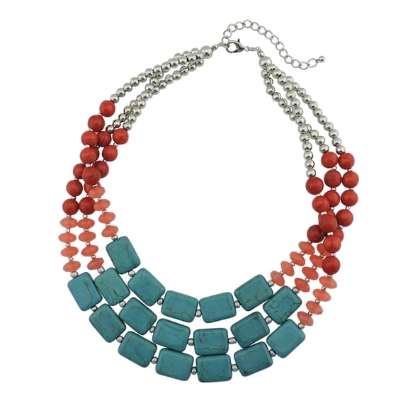 Bocar Boho Statement 3 Strand Faux Turquoise Colorful Chunky Beaded Collar Necklace for Women Gifts, 21in, Red, Tur