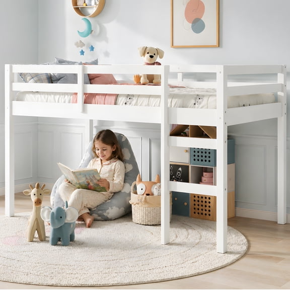 UHOMEPRO Twin Size Loft Bed, Solid Wood Loft Bed Frame with Wooden Slats, Modern Low Loft Bed for Boys Girls, No Box Spring Needed, White